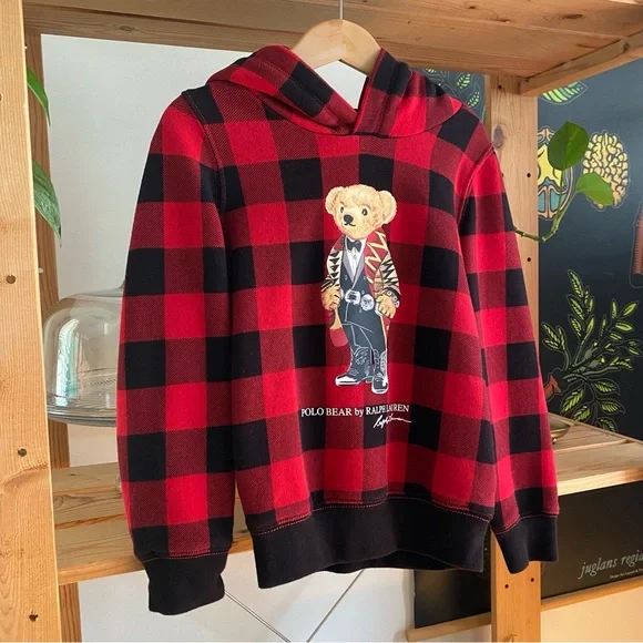 Polo Ralph Lauren Polo Bear Fleece Red Black Check Hoodie Sweatshirt - Picture 5 of 11